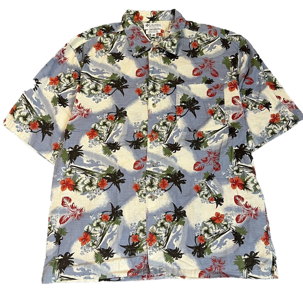 Vintage Columbia Shirt Mens Large All Over‎ Print Floral Hawaiian Style Blue 90s